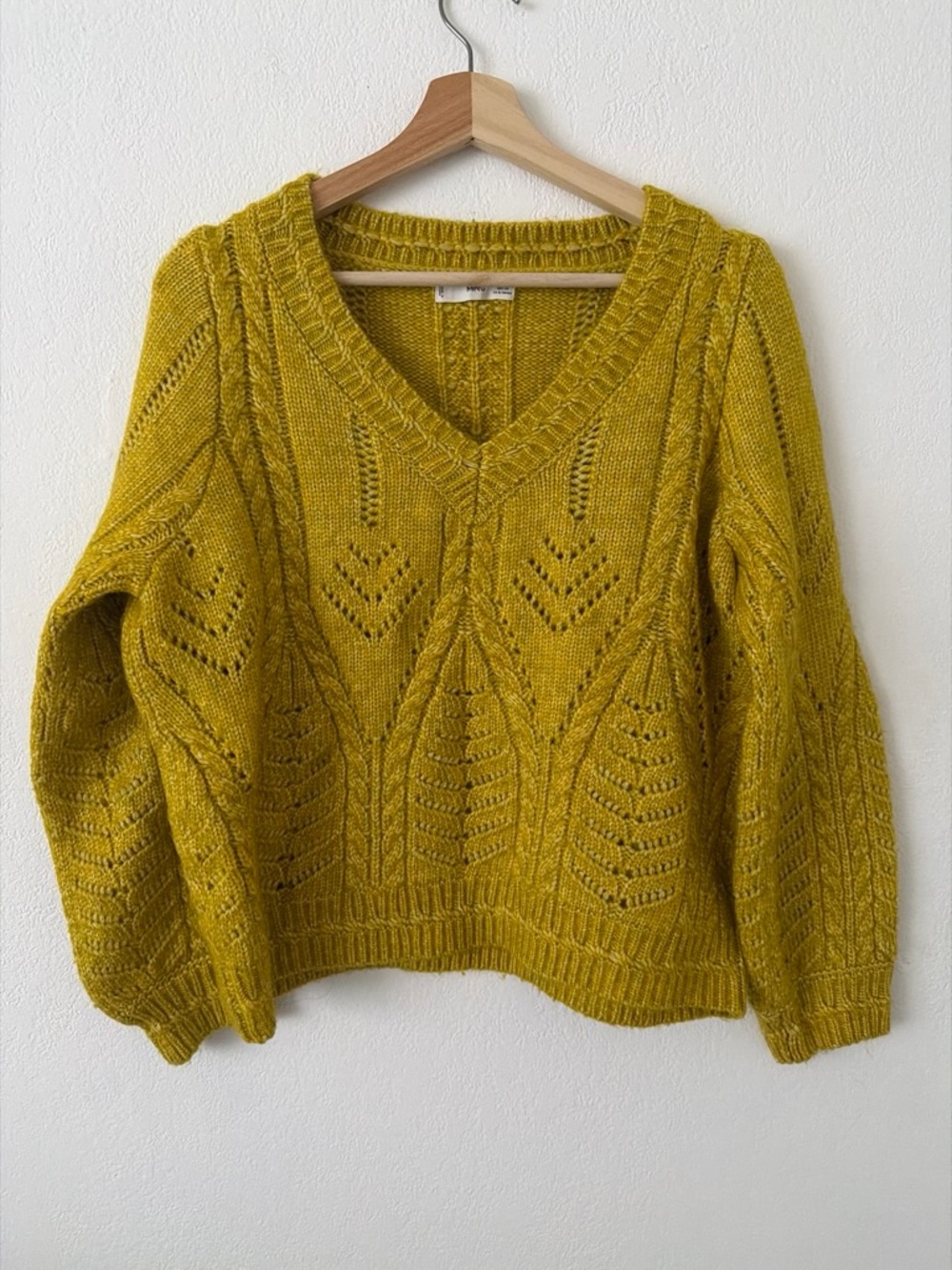 Mango V-neck Open Knit Sweater - Mustard Yellow